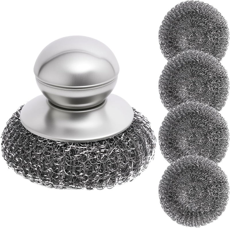 MISULOVE Steel Wool Scrubber with Handle, 5Pcs Stainless Steel Scrubber Set, Metal Pan & Pot Cleaner for Cast Iron, Grill, Stove, Oven, Sink, Stubborn Messes (1 Handle +4 Pads)​ - Image 1